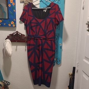 Ava & Aiden Red and Blue Geometric Midi Dress